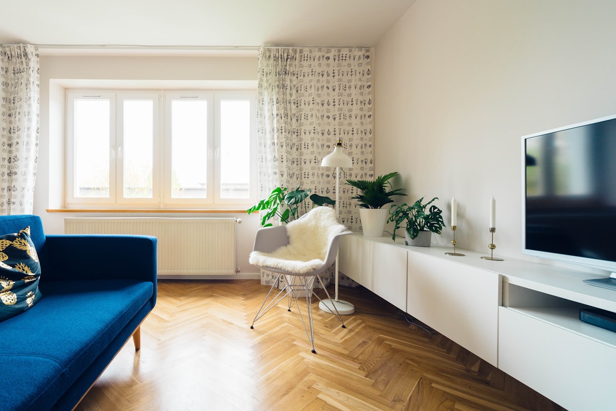 Bright contemporary apartment interior with herringbone floors, Halkidiki
